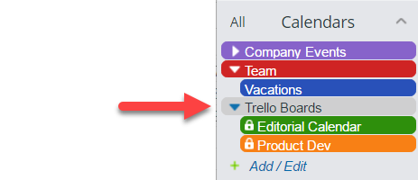 trello calendar as a feed on Teamup