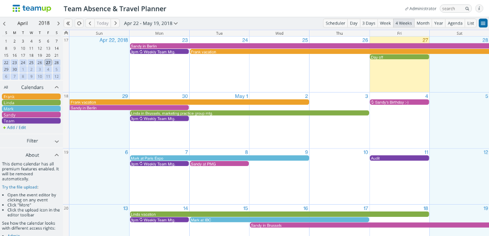 A staff scheduling calendar allows individuals to input their own hours.