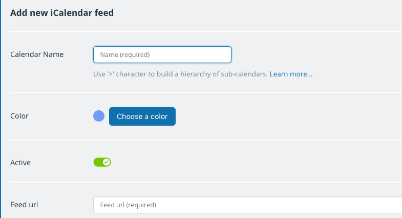 A window to set up an iCalendar feed.