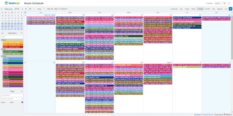 Multiple inbound iCal feeds as seen on a Teamup calendar.