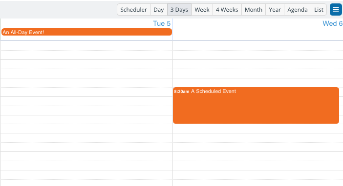 A calendar view showing one all-day event and one scheduled event.