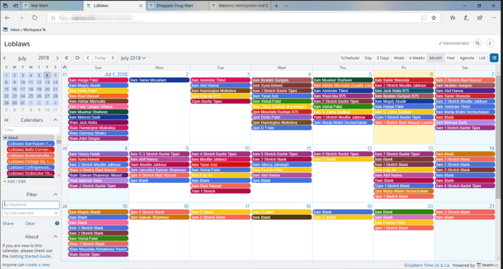 Using Teamup to manage a complex staff schedule.