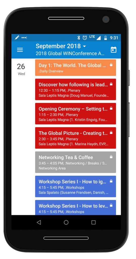 A conference agenda accessed on the Teamup mobile app.