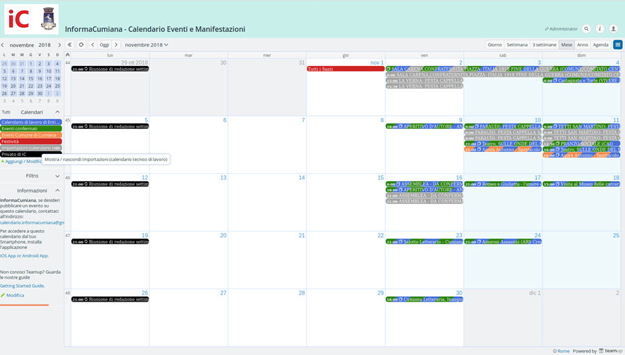 Shows & Events Calendar of Municipality of Cumiana, Italy, with work-in-progress sub-calendars for editors