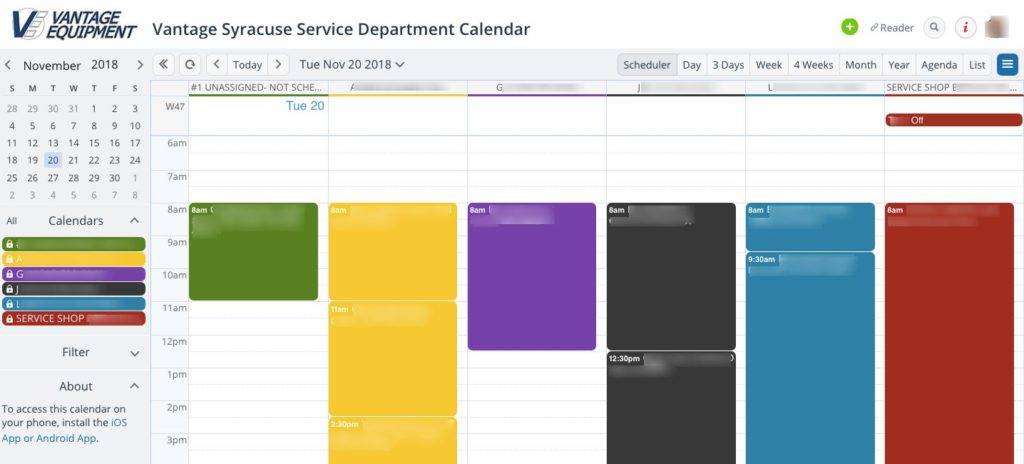 Vantage runs an efficient service department with Teamup Calendar