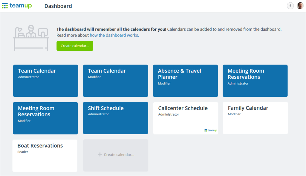 The Teamup account dashboard keeps all your calendars in one place.