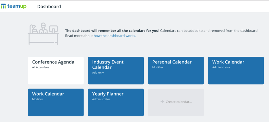 Access a synced calendar dashboard on Teamup's Android app