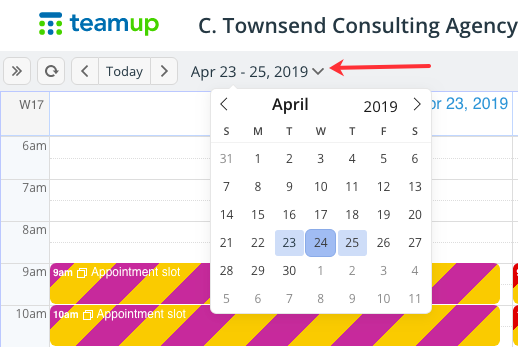 The top bar date picker in your Teamup calendar