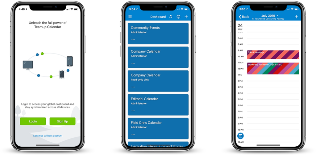 Synced calendar dashboard and user account for iOS app update