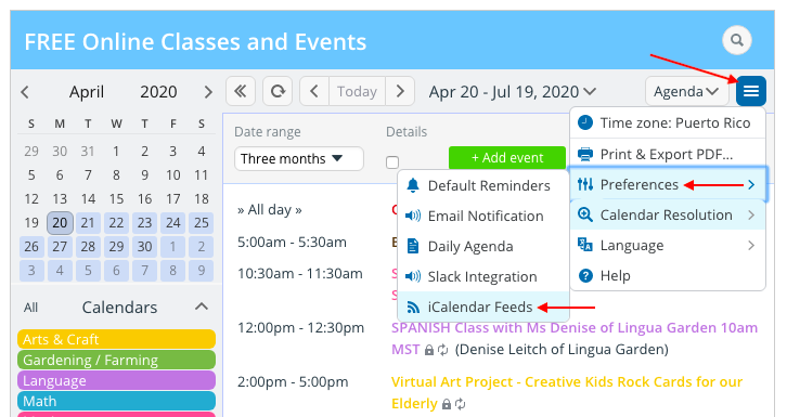 A curated calendar for online classes and events