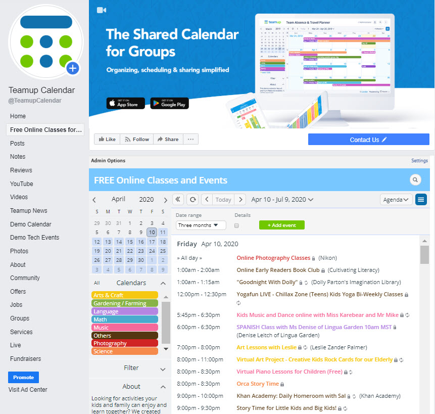 curated calendar - free online classes for kids and families