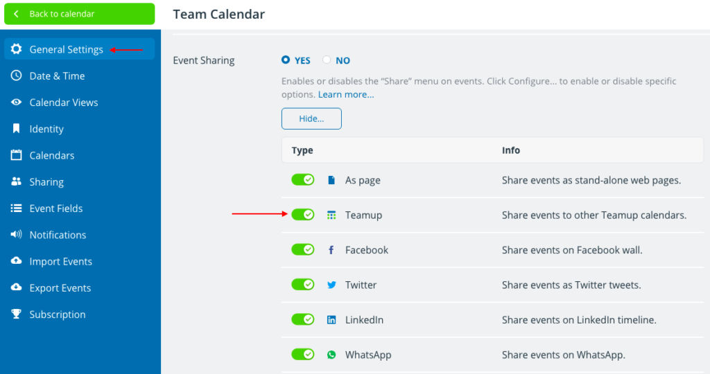 Configure sharing options to share an event to another Teamup calendar