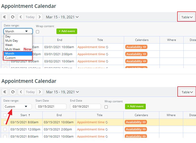 table view now supports month and customdate range