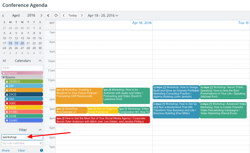 A calendar view that's been filtered by a keyword.