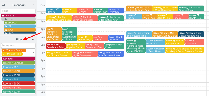 A calendar view showing the filtering options with selected sub-calendars.