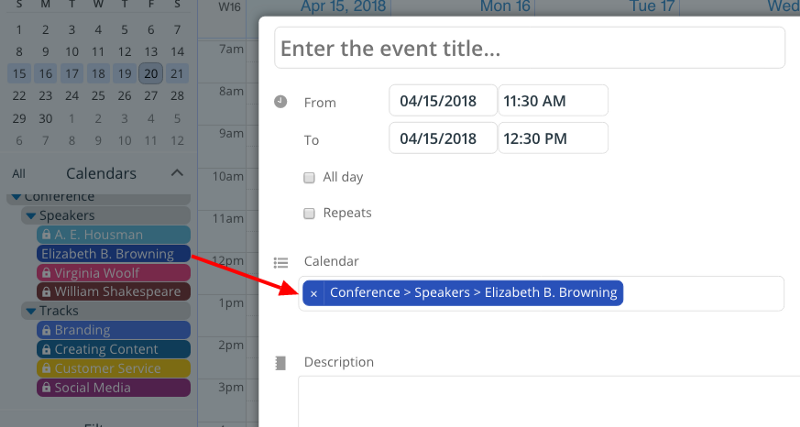 A window showing the event editor for a specific sub-calendar; other calendars are locked.