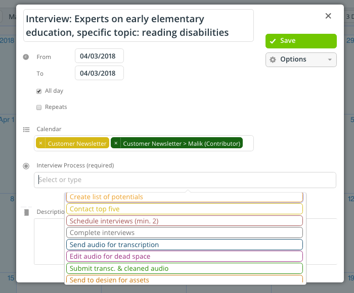 A customized event field with multiple choice options.