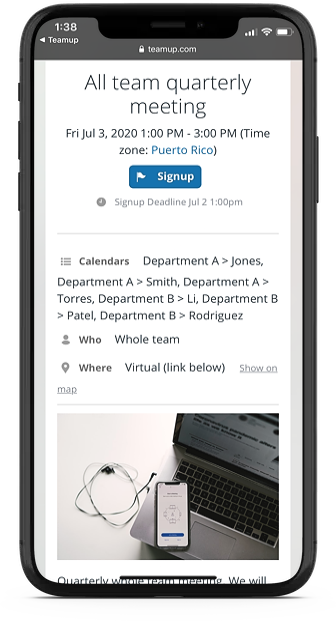 Send a calendar invite on iPhone or Android with an event page from your Teamup calendar.