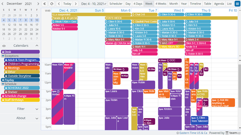 Staff members with shared scheduling responsibilities use Teamup