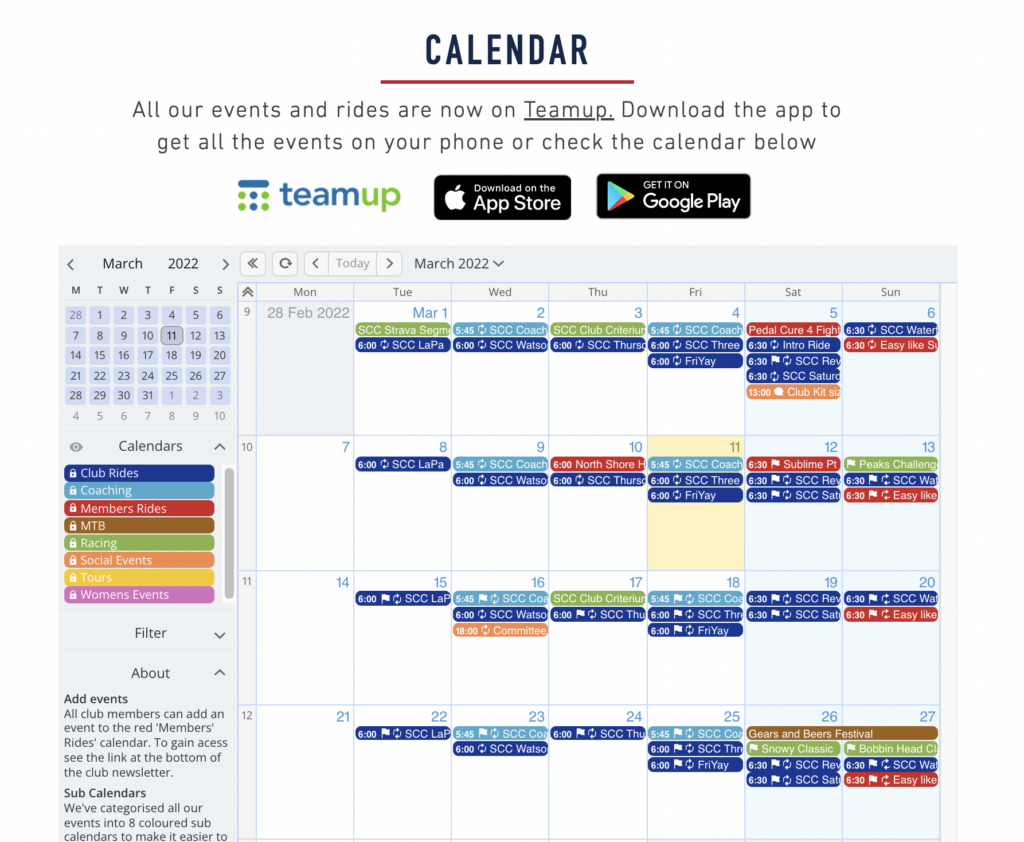 A public calendar example from Sydney Cycling Club, using Teamup calendar