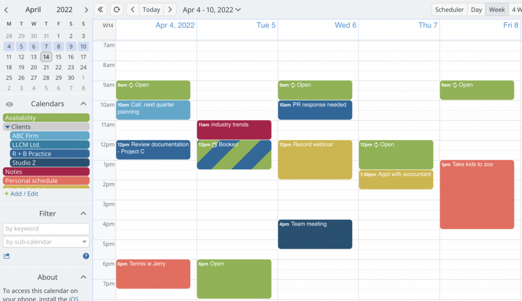 Share calendar with a limited view; your calendar view shows the big picture with all sub-calendars.