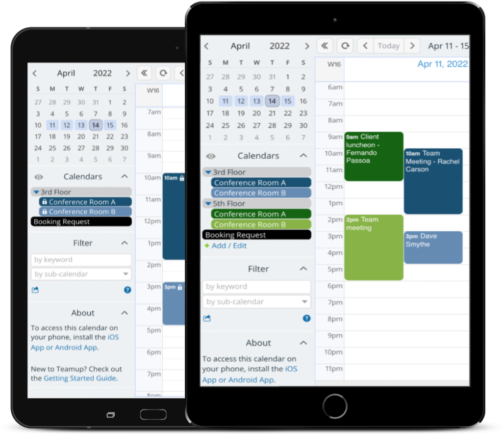 Two different calendar views show selected sub-calendars on tablet devices