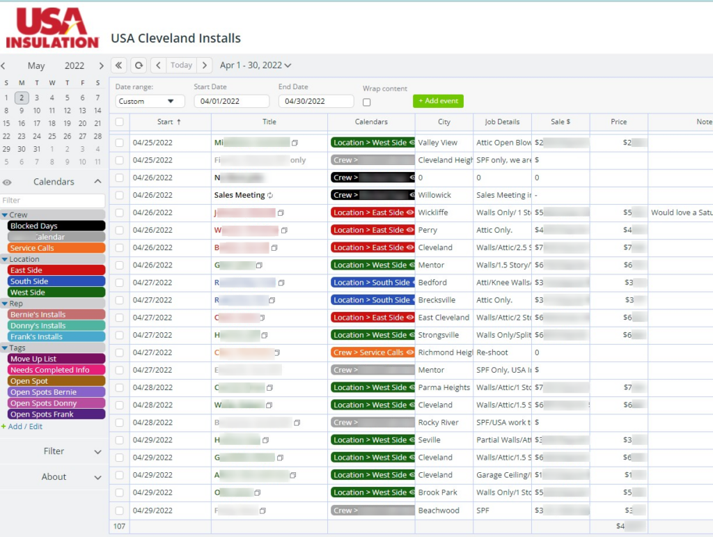 USA Insulation Operations Calendar