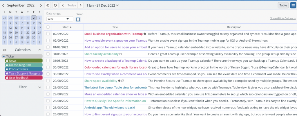 teamup news ticker filtered table view