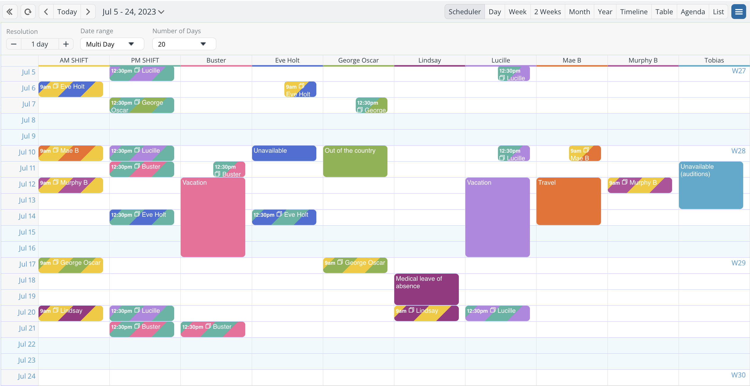 A Scheduler view showing side-by-side comparison for holiday employee schedules and staff scheduling.