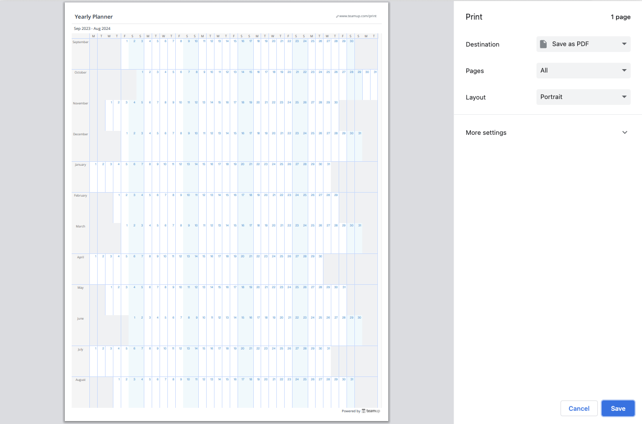 Print a full year view with Teamup for yearly planning in a printable version